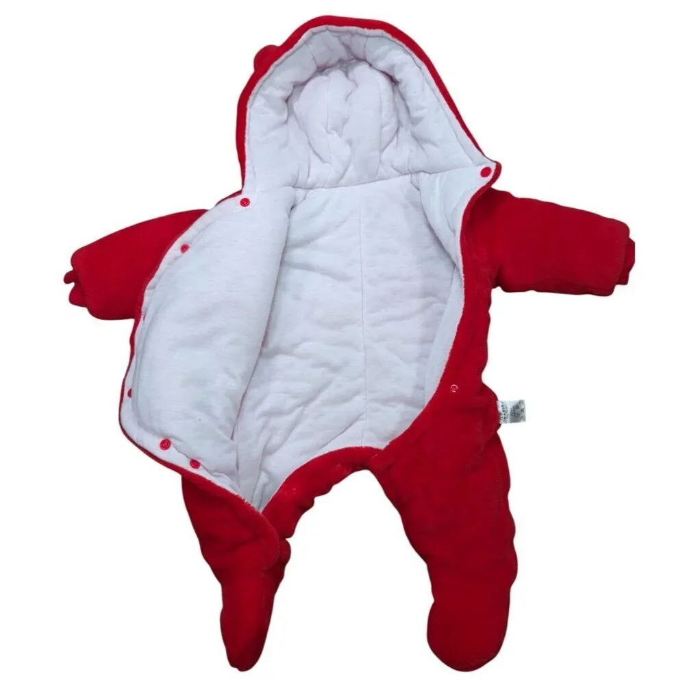 Baby Red Bear Hooded Fleece Snowsuit Jumpsuit One Piece Outfit 6-12 Months.